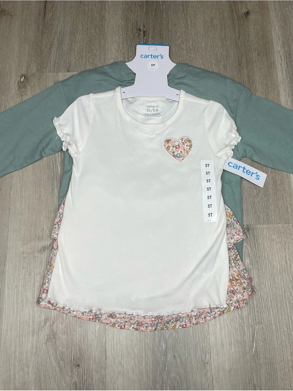 Carter’s 5T 3-Piece Set – Sage Green Long Sleeve + Heart Top + Floral Skort